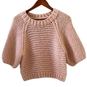 The Wolf Gang Wool Blend Chunky Knit Short Sleeve Crop Sweater In Blush Size S